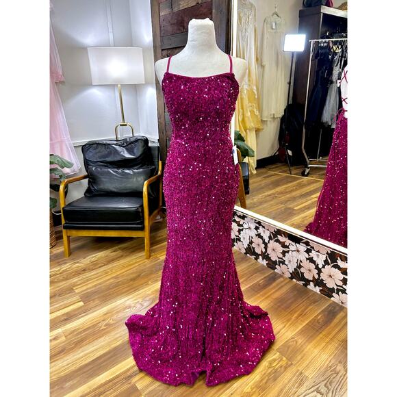 Fuchsia Sequin Mermaid XL Gown Lace Up Back Formal Prom Evening Dress - Picture 3 of 7